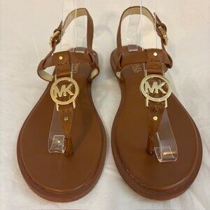 Michael Kors Sondra Flat Thong Sandal w/Gold Tone Logo in Luggage Brown Size 7.5